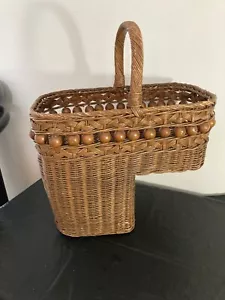 Vintage Brown Painted Wicker Step Basket / Wood Ball Decoration Design Woven Top - Picture 1 of 5