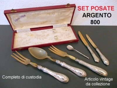 SET SERVIZIO POSATE VINTAGE ARGENTO 800 E CORNO primi del 900 DECORATE + OMAGGIO - Immagine 1 di 4