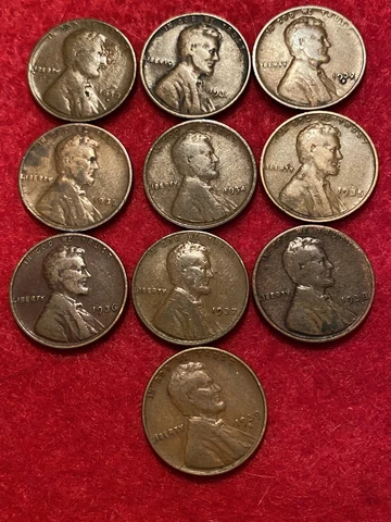 1930's Date Lincoln Wheat Cent Year 10 Coin Set 1930,1931,1932,1933,1934-1939 Cover