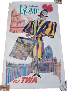 Vintage 1960's Original Fly TWA Rome Airline Poster Art by David Klein 25” x 40” - Picture 1 of 11