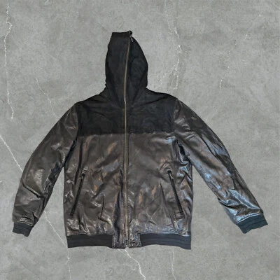 Chaqueta de bombardero Vince de cuero y gamuza con capucha para hombre XL cordero cabra aislada negra DEFECTUOSA Foto 1 de 4