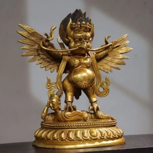 Antico tempio buddismo tibetano 12" bronzo dorato suparna suparnin statua uccellino - Foto 1 di 9