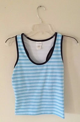 SO SPORTY BLUE STRIPED FITNESS TOP WITH BLACK TRIM   SIZE LARGE - Image 1 of 2