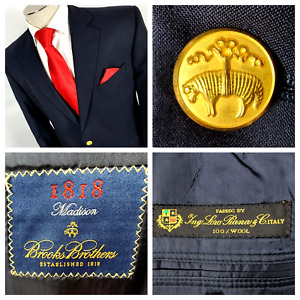 Brooks Brothers 1818 Madison Fit Loro Piana Wool Blazer Navy Blue Gold Button 42