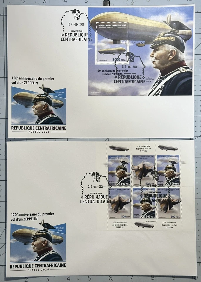Central Africa 2020 (2 Large FDC) “120th Anniv Of First Zeppelin Fly, Ferdinand” - Image 1 of 1