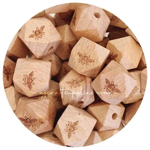 5x Beech Wood BEE engraved 18mm HEXAGON Beads DIY keyrings nature animals Queen - Picture 1 of 1