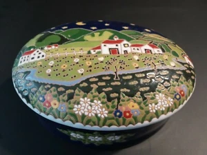 Vintage Keramik Deckeldose 🌾 OSTROROG OBERA 🌾 Polen - oval Dorfansicht - Bild 1 von 6