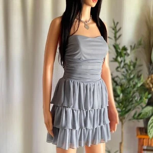 Y2K Ruby Rox Strapless Ruffle Mini Dress Stretch Gray Tiered Party Dress Siz 5 - Picture 1 of 8