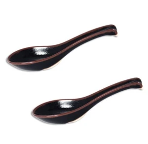 SET di 2 Cucchiai per Zuppa in Ceramica Giapponese Nero Marrone Yuzu Tenmoku Made in Japan - Foto 1 di 1