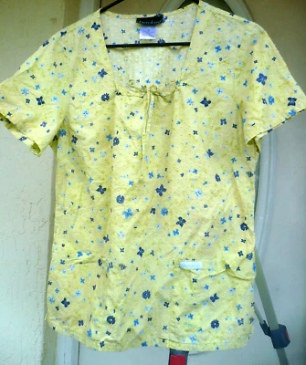 CHEROKEE YELLOW BLUE FLORAL CHENILLE COTTON BLOUSE M PEASANT POCKET SHORT SLEEVE - Изображение 1 из 3