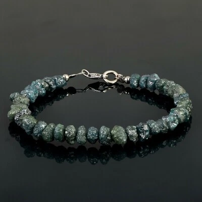 4-5mm Natural Rough Blue Diamond Beads Nuggets 925 Silver Women Bracelet Jewelry - Image 1 of 4
