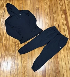 Gymshark Men’s Size Large Crest Hoodie & Joggers Set Black Sweatsuit Gym - Picture 1 of 3