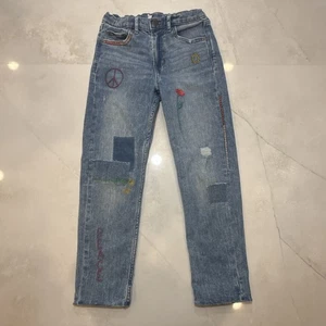 Youth High Rise Embroidered Patch Jeans Size 12 Peace Flower Boho Retro Y2K - Picture 1 of 14