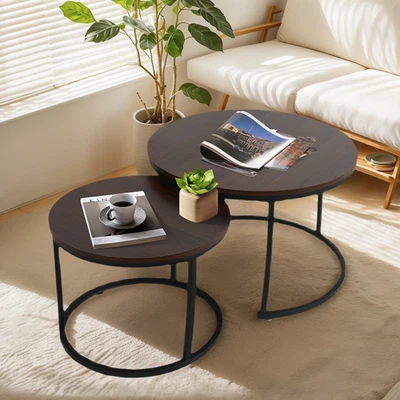 Nesting Coffee Table Set Round Side End Tables w/ Metal Legs Living Room Modern  - Image 1 of 4