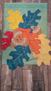 Large Fall Autumn Flag Outdoor Decorations Embroidered Leaves & Acorns Green - Picture 1 of 10