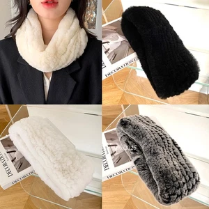 Women Real Rex Rabbit Fur Scarf Winter Warm Neckerchief High Elastic Beige Black - Picture 1 of 29