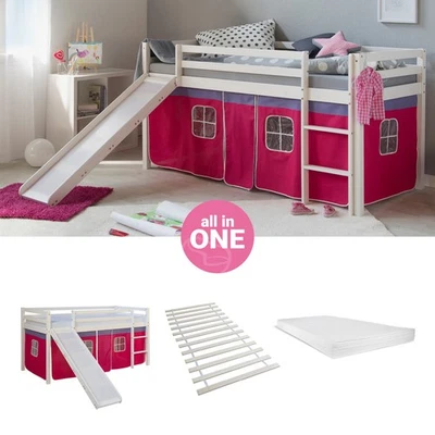 Lit superposé 90x200 Toboggan d'enfant mezzanine Matelas Rideau Rose Homestyle4u - Photo 1/4