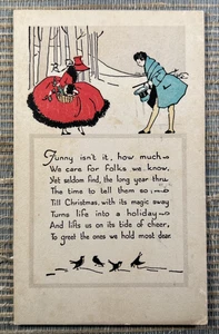 Christmas Poem Blue Coat Man Greeting Red Dress Woman Birds 1922 Postcard - Picture 1 of 2
