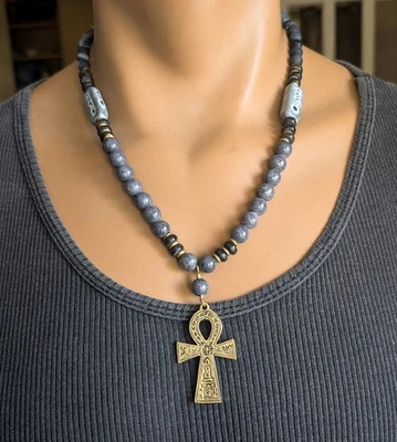 Collar Colgante Ankh para Hombre Latón Piedra y Madera Cuentas Tribal Unisex 20" Foto 1 de 4