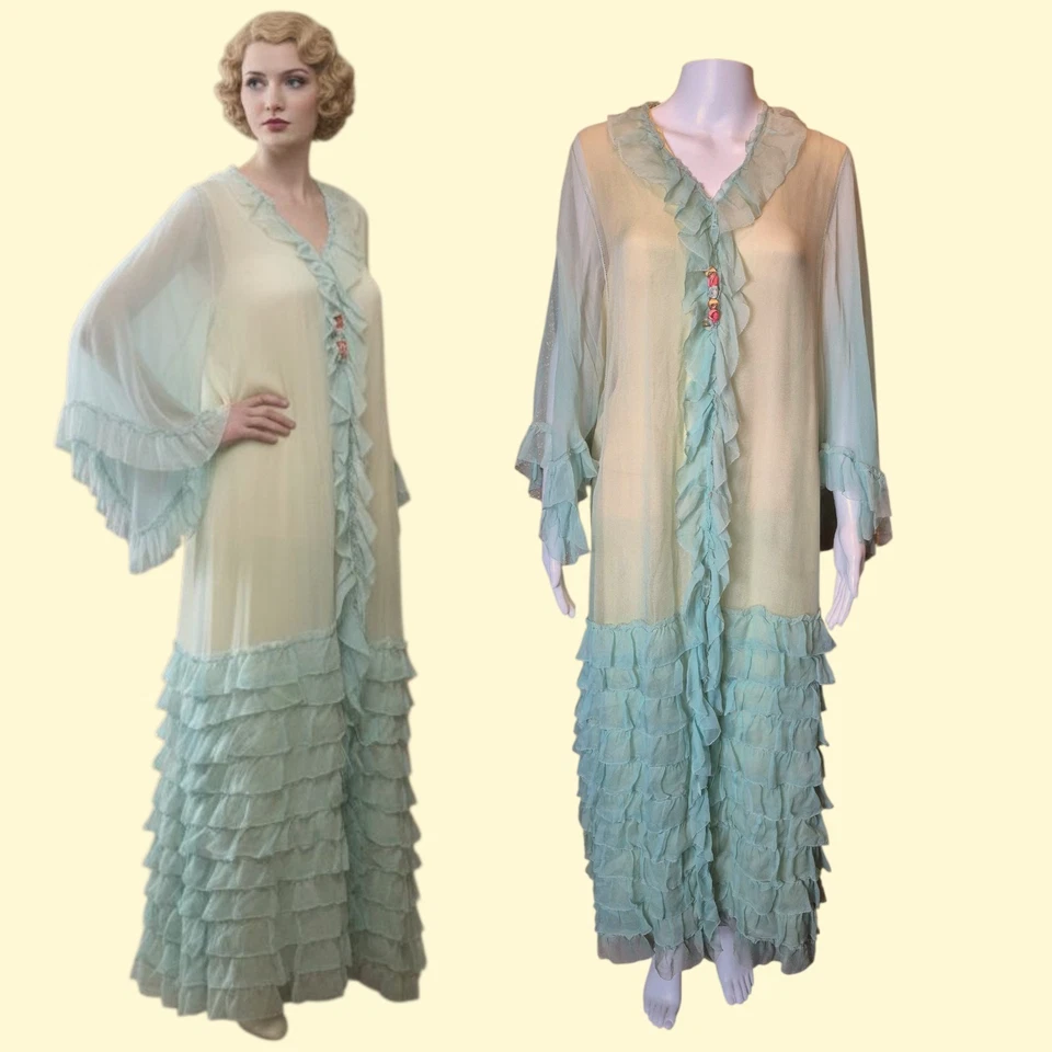 Vtg 20s Seafoam Green & Yellow Silk Georgette Robe Jay Thorpe Flapper  Lingerie  - Image 1 of 4