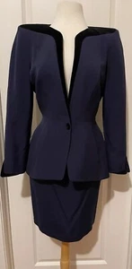 Thierry Mugler Azul Marino Lana/Terciopelo Falda Traje/Conjunto Talla 40~ Hecho en Francia - Imagen 1 de 12