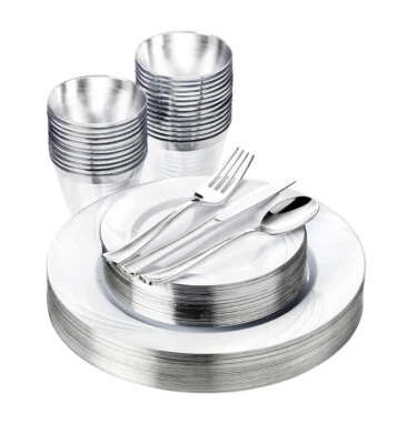 Premium 150Pcs Silver Disposable Dinnerware Party Set Plates, Silverware, & Cups - Image 1 of 4