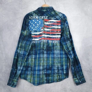 Raw State Shirt Mens Large Green Blue Plaid Long Sleeve Button Up Flag Patriot - Picture 1 of 15