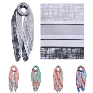 Mezcla de algodón para todas las estaciones para mujer colorido a rayas y estampado con bufanda de borde - Imagen 1 de 9