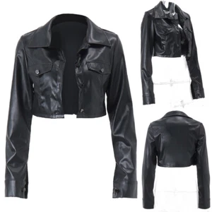 Women's PU Leather Crop Top Vintage Crop Coat Lapel Button Front Jacket Outwear - Picture 1 of 16