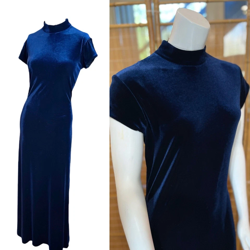 VESTIDO MAXI TERCIOPELO Vintage Años 90 Azul Fiesta Gótico Vampiro Bodycon Blogger Cóctel Foto 1 de 4