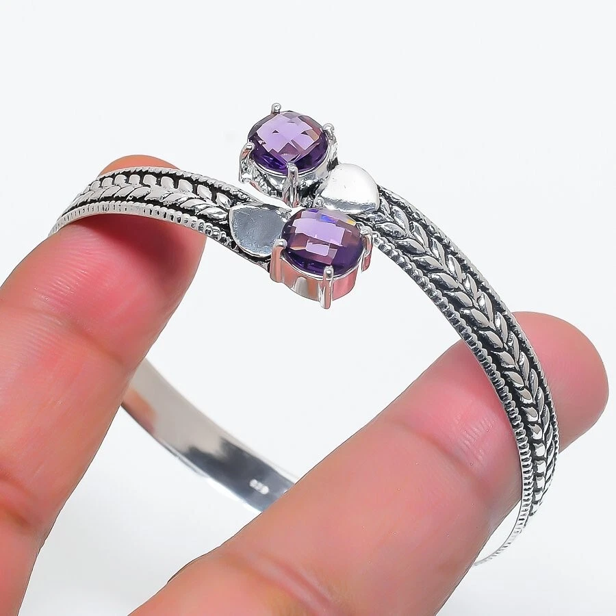 Purple Amethyst Gemstone Handmade 925 Sterling Silver Cuff Bracelet Ajustable - Image 1 of 1