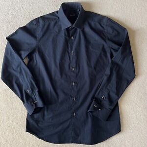 Mens XACUS Navy Blue Slim Fit Long Sleeve Shirt Size 16. Good Condition