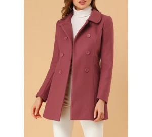 Allegra K Women's Peacoat Turn Down Collar Double Breasted Long Sleeve Outerwear - Picture 1 of 7