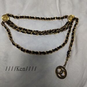 CHANEL BELT AUTH Coco chain CC Rare Gold Vintage Medal Coin Leather Black F/S