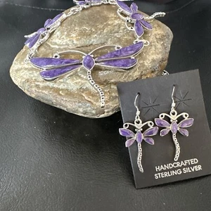 Dragonfly  Purple Stone Necklace Navajo Sterling Silver Pendant Earrings 16257 - Bild 1 von 12