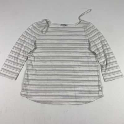 Camisa Tommy Bahama Mujer Grande Blanca Gris Rayas Manga 3/4 Cuello Barco Top Foto 1 de 4