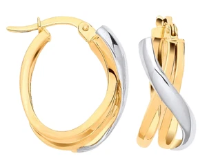 9CT HALLMARKED YELLOW & WHITE GOLD TRIPLE WAVY 20MM X 16MM OVAL HOOP EARRINGS - Picture 1 of 5