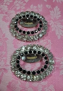Vintage Signed Tip Toe Black & White Rhinestone Clips Silver Tone Free Shipping - Picture 1 of 3