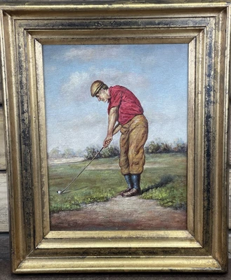 Винтажный оригинальный Callan картина маслом джентльмен гольфист викторианское платье пейзаж - Изображение 1 из 4