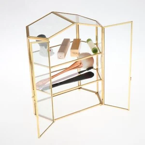 Vintage Clear Glass & Gold Metal 3 Tier Display Box/Dresser Top Jewelry Storage - Picture 1 of 7
