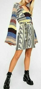 Free People Talla L Manga de Campana Patchwork Vestido Suéter Años 70 Retro a Rayas Tejido Boho - Imagen 1 de 7
