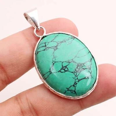Turchese Gemma Placcato Argento Handmade Ciondolo Gioielli Regalo 3.8cm P-13450 - Immagine 1 di 3