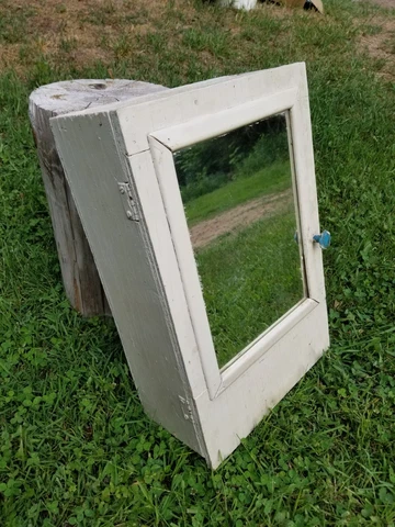 Antique Primitive Rustic Farm Hand Made Wood Medicine Cabinet W Mirror White 19" Cover