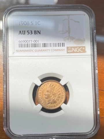 1908 S Indian Head Cent  NGC AU53 Brown    (some Red looks UNC)  Very nice coin Cover