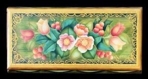 Beautiful Folk Art Hand Painted Tole Wood Storage Box Artist Signed 12x6 - Picture 1 of 19
