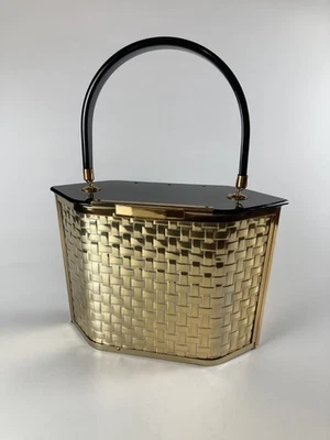 1950s High Style Classic Majestic Gold Vintage Box Purse with Black Lucite - Image 1 of 4