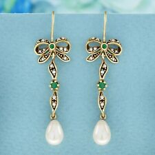 Blue Emerald and Pearl Vintage Style Bow Drop Earrings in Solid 9K Yellow Gold