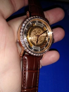 Men's Stainless Steel Rose Gold CZ Bezel Lobini Engravers Automatic Watch - Picture 1 of 24