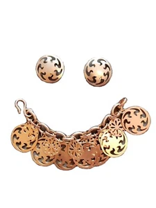 Conjunto de pendientes de pulsera de disco medallón recortado cadena dorado de colección años 80 clips para zapatos - Imagen 1 de 9