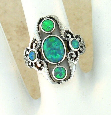 ANILLO VICTORIA ESTILO ANTIGUO 925 PLATA ESTERLINA SÓLIDA LABORATORIO ÓPALO DE FUEGO VERDE #650 Foto 1 de 3